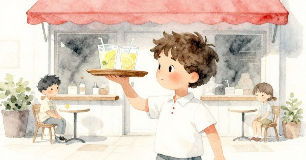 Liam在車站咖啡館外平衡著托盤，清晨陽光柔和，環境寧靜，臉上顯露專注與淡定情緒，開始了忙碌前的準備。