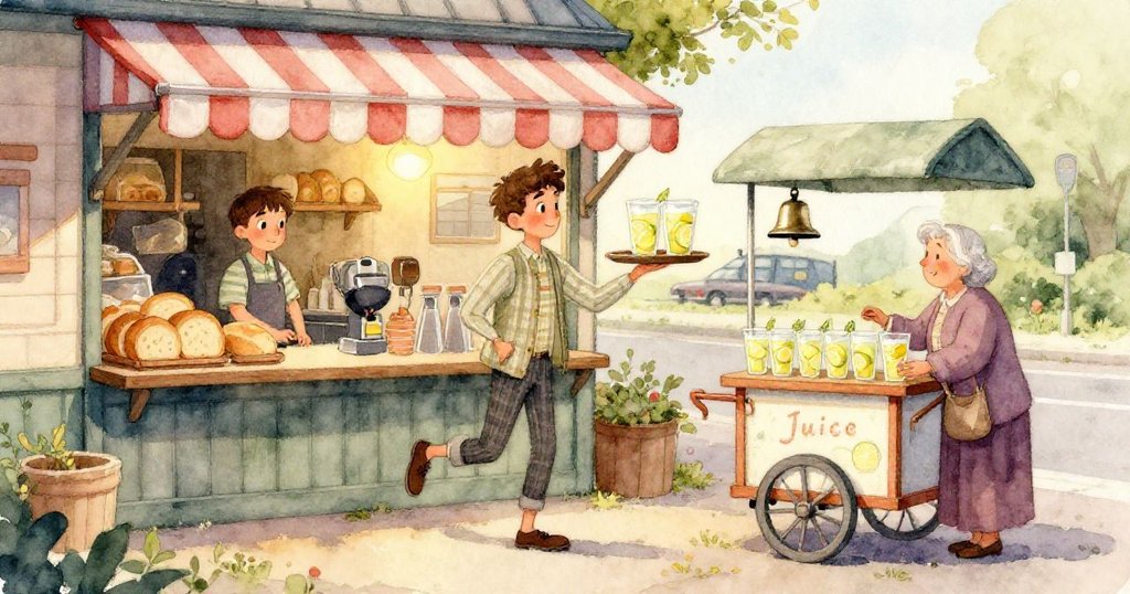 Liam的雙手小心托著木製托盤，檸檬水杯排列整齊，細節清晰，展現專注與練習成果，溫柔光線照耀。