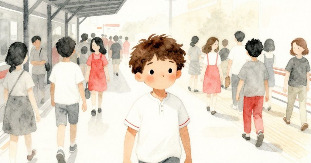 隨著時間推移，車站外人潮漸多，Liam依然穩步前行，背景建築與人群展現忙碌變化，充滿活力。