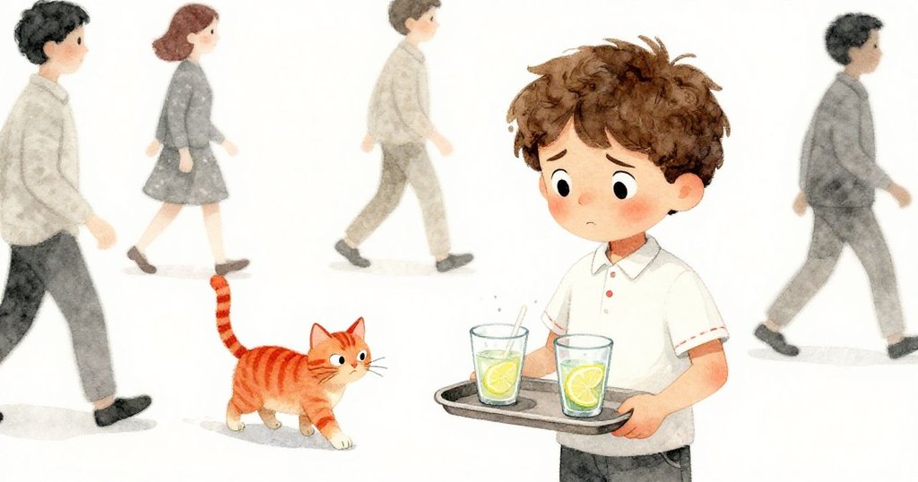 人潮中Liam緊握托盤，姜貓擋路致使杯子搖晃，臉上流露緊張與焦急情緒，場景充滿壓力變化。