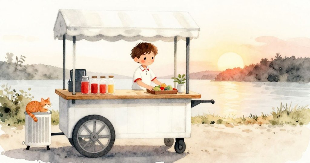 夕陽下Liam順利將托盤送到果汁車櫃台，姜貓安靜歸位，背景行人逐漸散去，場景溫暖安寧，結局滿足。