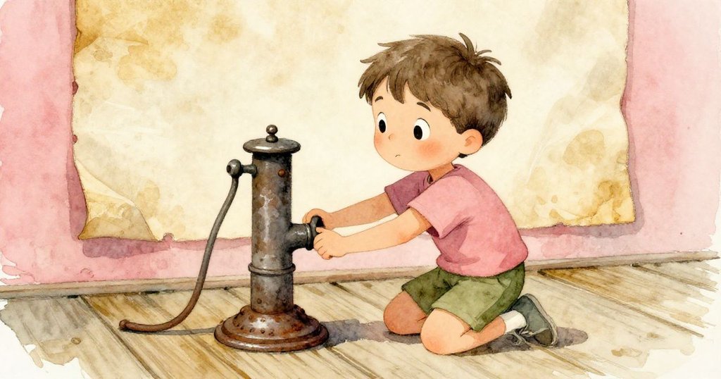 Marco 跪在甲板上用力按泵，舊報紙隨風飄動，神情專注展現懷舊氛圍與細膩動作。