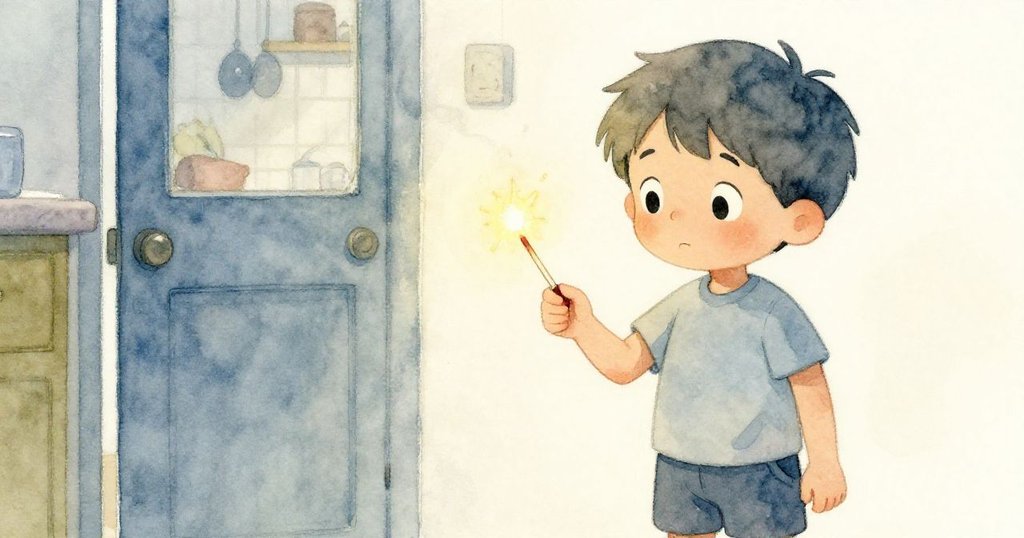 Marco 小心點燃火柴，火花轉瞬消逝，神情驚訝混合失落，背景隱約露出廚房門，故事進入新節點。