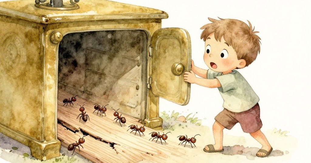 Marco 舉起爐子驚訝發現螞蟻忙碌穿梭於木板縫隙，表情充滿好奇，微觀生態活力展現新發現。