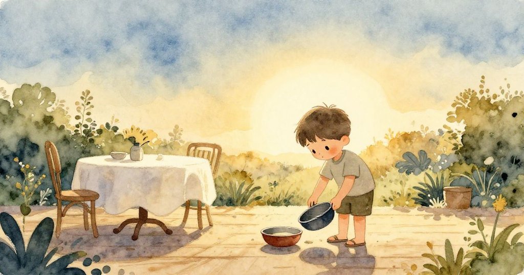 Marco 收拾好鍋、碗與打火機，走向廚房門，夕陽餘暉映照靜謐花園桌與爐子，傳達平靜與告別冒險。