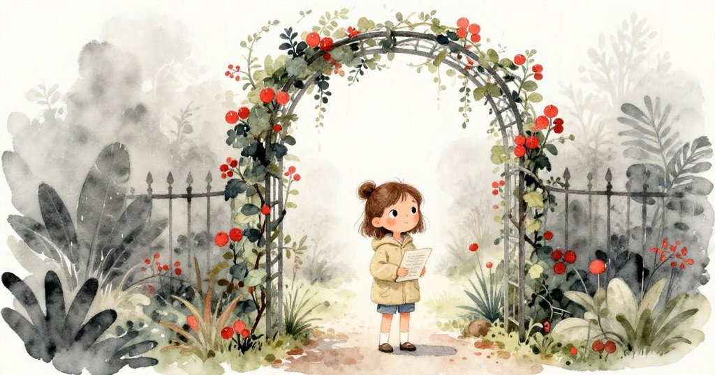 Lena 手持畫本進入雨後的植物園，背景有鐵製拱門與藤蔓，神情好奇，濕潤空氣營造出寧靜氛圍。