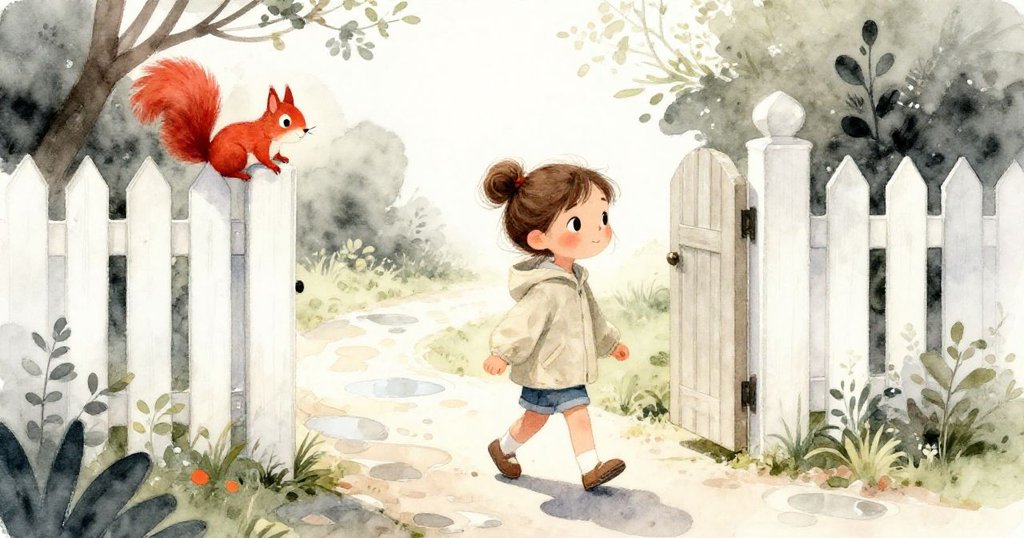 Lena 踏過濕潤小徑，觀察一隻停在門欄上的紅松鼠，表情帶著微笑，好奇地探索著植物園。