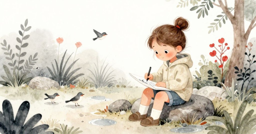 Lena 坐在乾石上靜心畫畫，雨後植物園中鳥鳴清脆，陽光漸暖，畫面呈現寧靜轉變的氣氛。