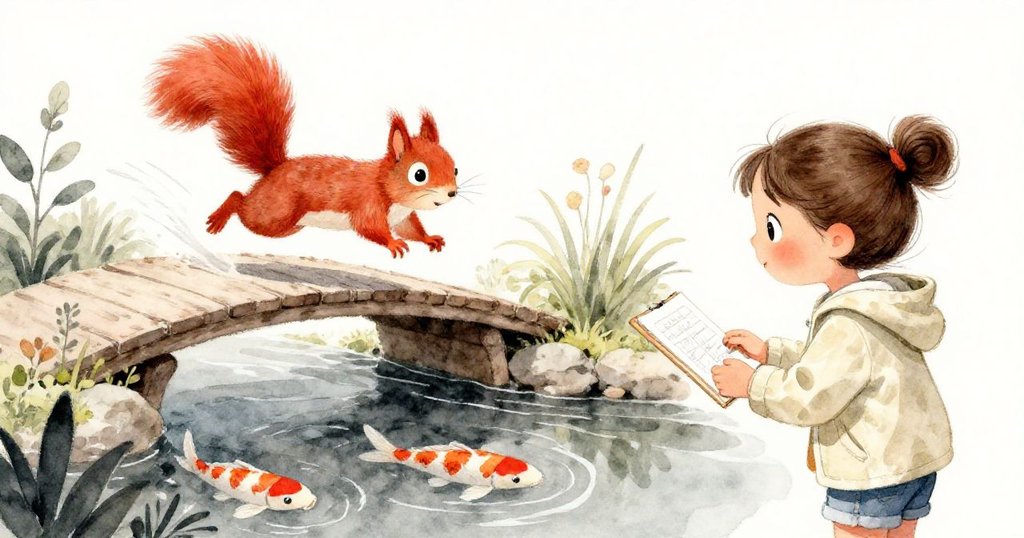 紅松鼠迅速奔向低橋上過魚池，Lena 專注調整畫本，畫面充滿動感與自然互動，充滿活力。