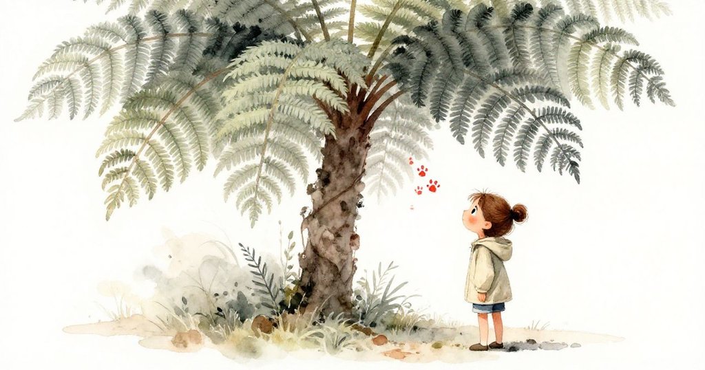 Lena 站在巨大樹蕨前，欣喜地看著畫本中意外的松鼠腳印，背景植物豐富，展現自然和諧與溫暖氛圍。