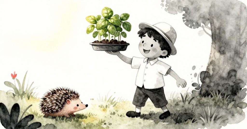 Rafael在花園中忙碌，手中托著羅勒苗，刺蝟靜靜在草叢探頭，好奇而溫馨的早晨場景。