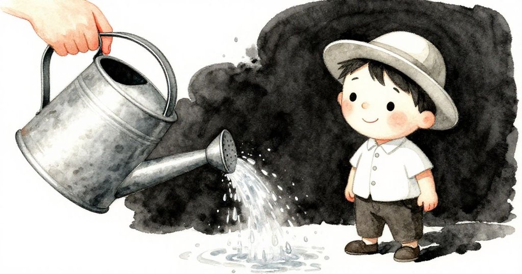 Rafael專注地用破舊的澆水壺澆灌土壤，顯示出照護植物的細膩情感，水珠在光線中閃爍。