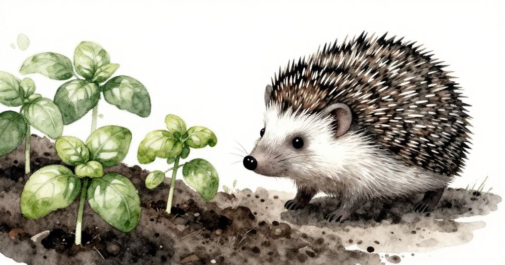 刺蝟視角的花園景象，細看柔軟的泥土與羅勒幼苗，牠小心翼翼地穿行，充滿好奇與探索精神。