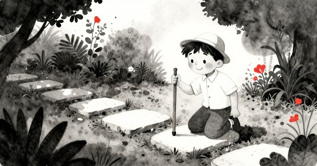 Rafael跪在花園石板旁，用手杖挑試硬化的泥土，準備種植羅勒，過渡空間中透露著堅定與用心。