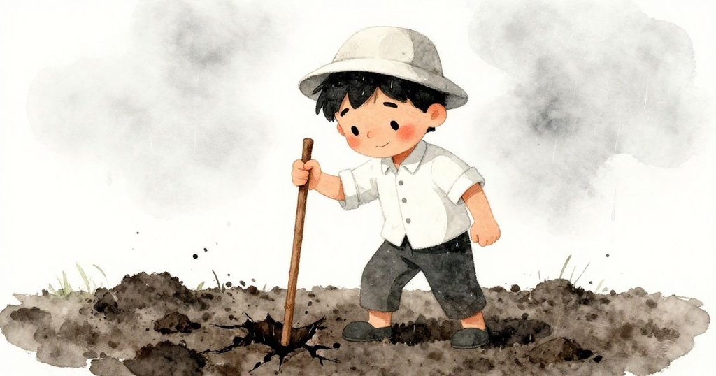 Rafael面對困難，決定用手杖破土，表情中透露堅定與幽默，他專注地處理濕潤泥土，環境漸染雨意。