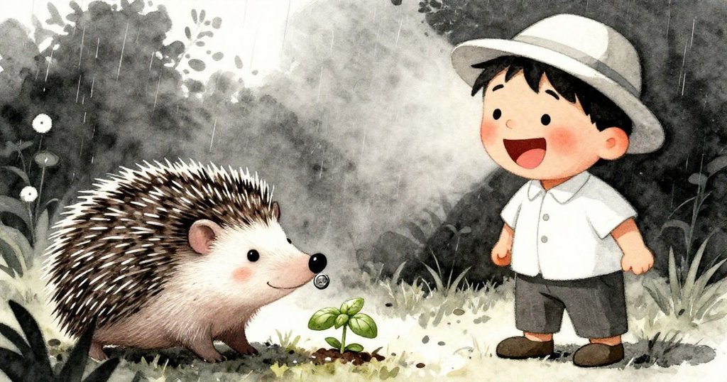 Rafael驚喜大笑，刺蝟從木板下送來閃亮的扣子，輕輕放在最後的羅勒旁，花園裡充滿歡樂與溫馨。