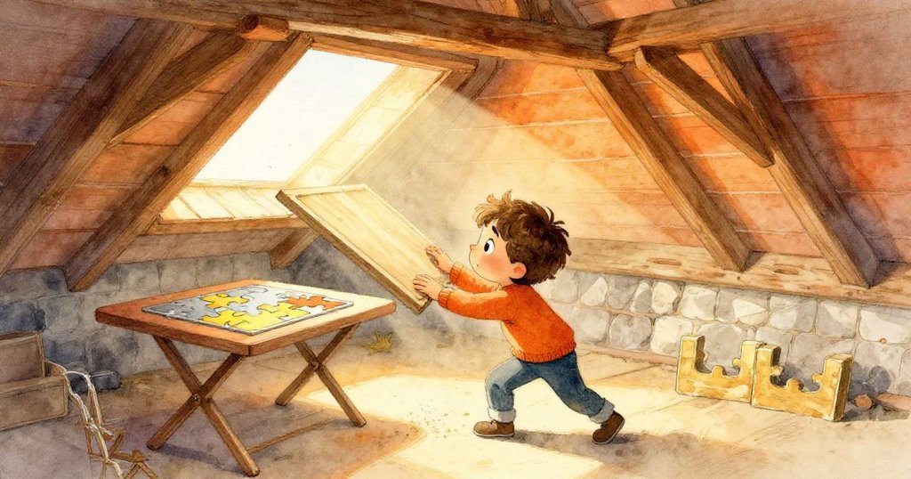 Lucas 推開閣樓入口,灰塵在午後陽光中飄動,背景展現老舊閣樓及半完成拼圖,表情充滿好奇。
