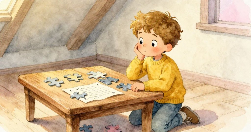 Lucas 膝行於舊木桌前,仔細研究半完成拼圖與皺紙上標號拼圖塊,充滿溫馨與專注。