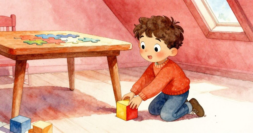 Lucas 靈巧將彩繪積木放在搖晃桌腿下,桌上半完成拼圖與積木並列,展現邏輯與想像融合。