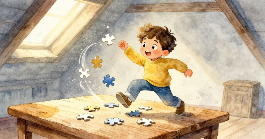 Lucas 活躍旋轉拼圖塊,桌面上運動軌跡中塵埃閃爍,動感與溫暖日光相映,充滿創意氛圍。