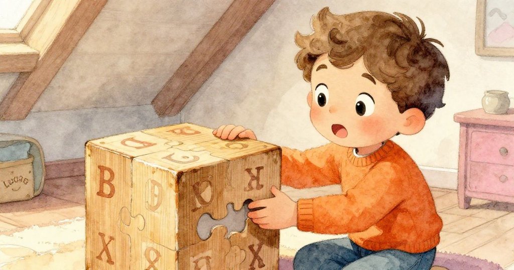 Lucas 驚喜將帶字母的木立方嵌入拼圖缺口,面部流露出驚奇與成就感,溫暖氛圍中完成拼圖。