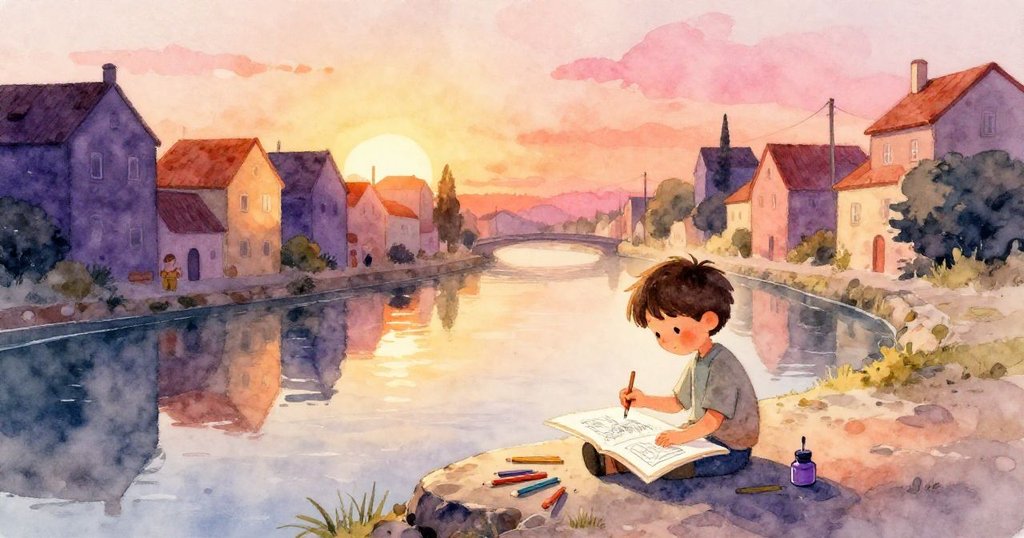 夕陽映照狹窄運河，Sam在石頭上展開畫冊準備作畫，背景倒映彩色屋頂，神情期待溫暖柔和。