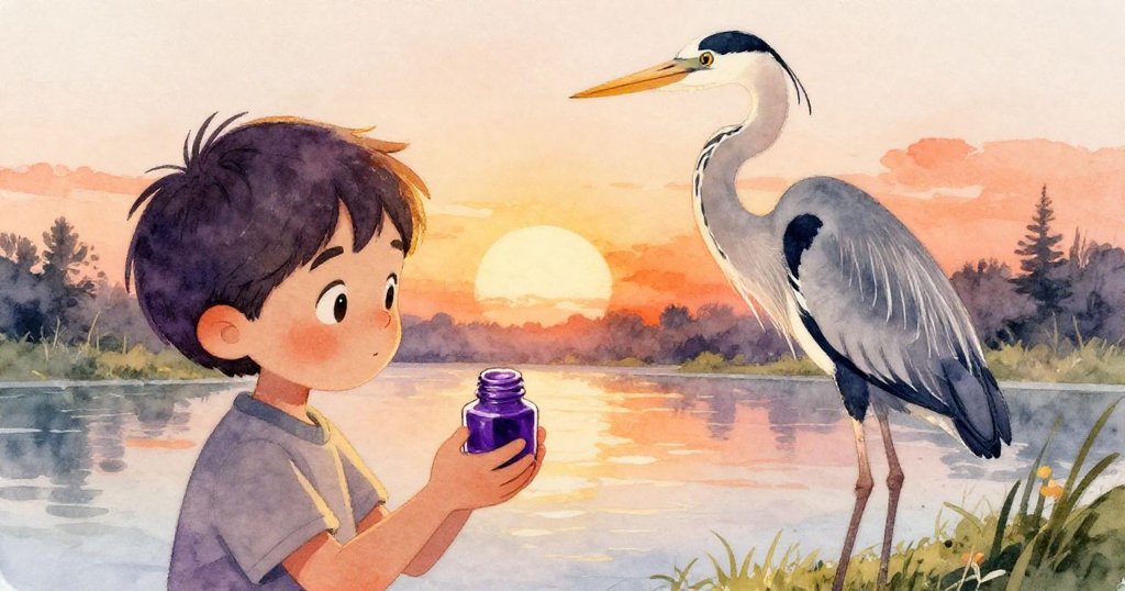 Sam專注拿起墨水瓶準備作畫，旁邊鸛靜立運河邊注視工具準備，現場光影溫柔而富有細節。