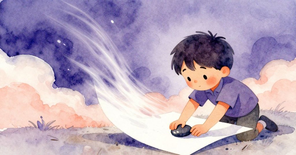 微風吹起畫頁，Sam急忙以卵石固定翻飛紙張，濕潤墨線模糊交融成夢幻雲彩，神情驚訝且充滿創意。