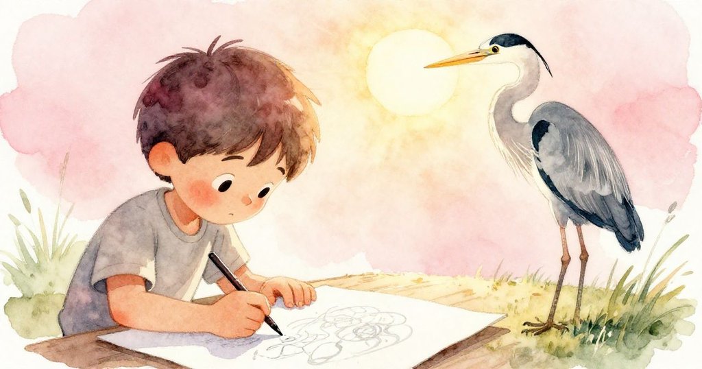 夕陽下Sam耐心地在畫紙上疊加新墨色，遠處鸛靜靜觀看畫面變化，光影交錯中展現出時間流逝的美感。