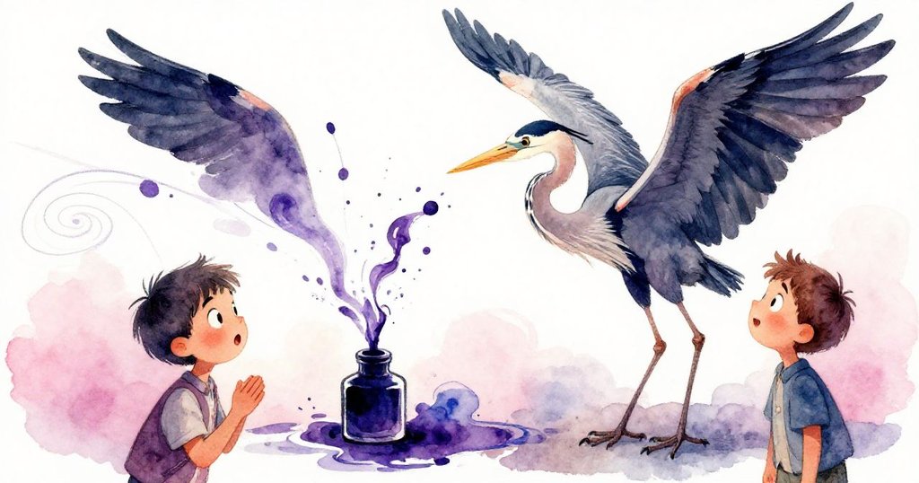 鸛展翅擊中墨水瓶，濃紫藍墨水飛濺成漩渦，Sam目光驚訝站在運河邊，動感瞬間充滿戲劇魅力。