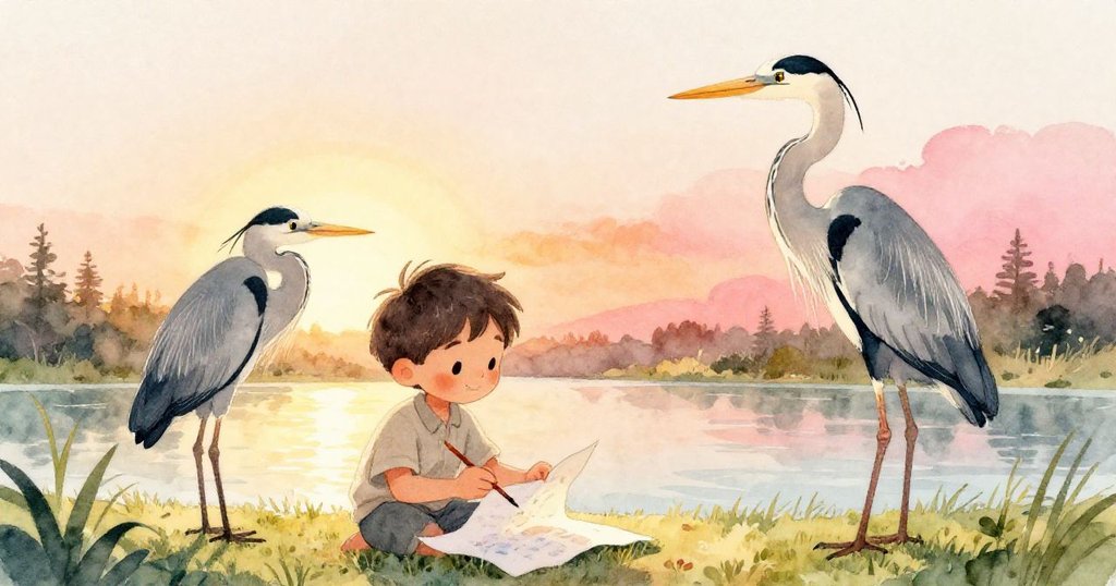 Sam滿意放下畫筆，撕出票張讓自由墨色擴散，鸛靜伴夕陽在運河邊，場景和諧溫暖落幕。