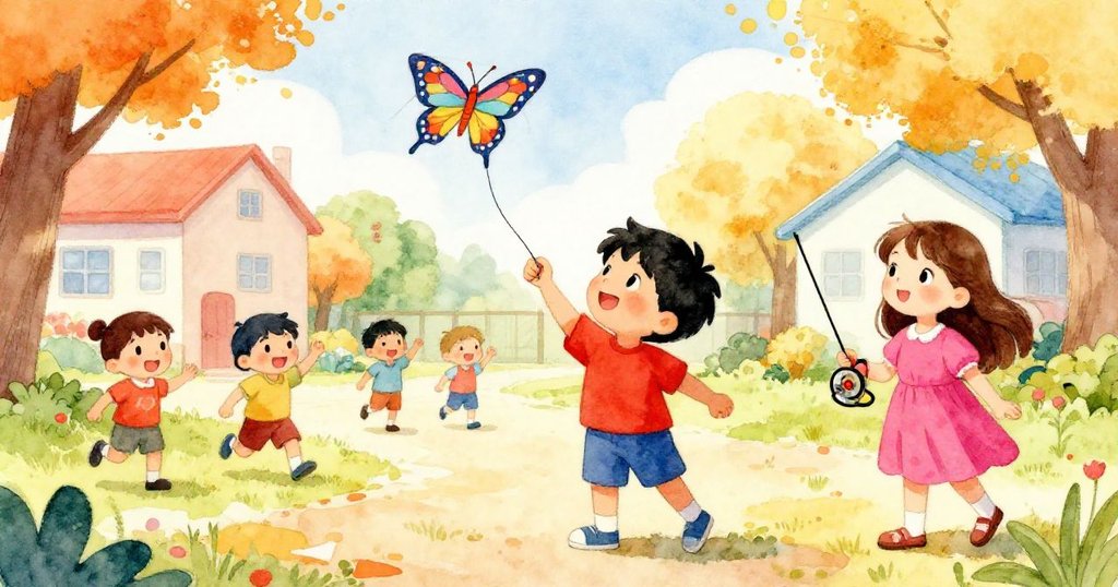 在溫暖春季校園操場上，Leo平衡蝴蝶風箏，Mara握著繩子準備放飛，背景孩童嬉戲，展現期待與活力。