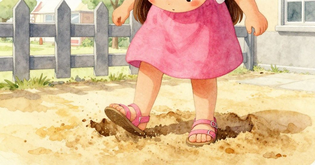 Mara的小腳在金黃沙坑上留下深刻腳印，腳步堅定地邁向校園邊緣，展現探索與好奇心。