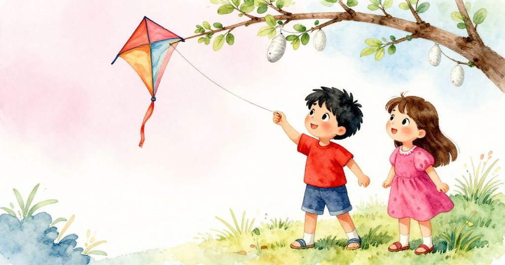 風箏輕輕觸碰樹枝上懸掛的蠶繭，左側細節展現樹枝與繭，右側Leo與Mara齊心協力調整繩線，情緒緊張溫暖。