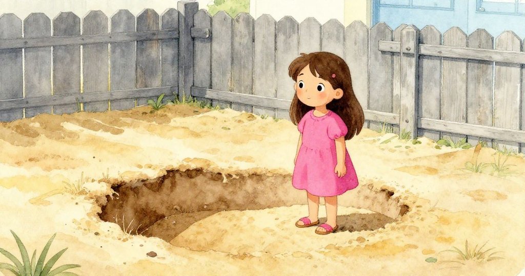 在學校角落的隱秘沙坑旁，Mara仔細觀察乾燥沙地與老舊圍欄，充滿探索與靜謐氛圍。