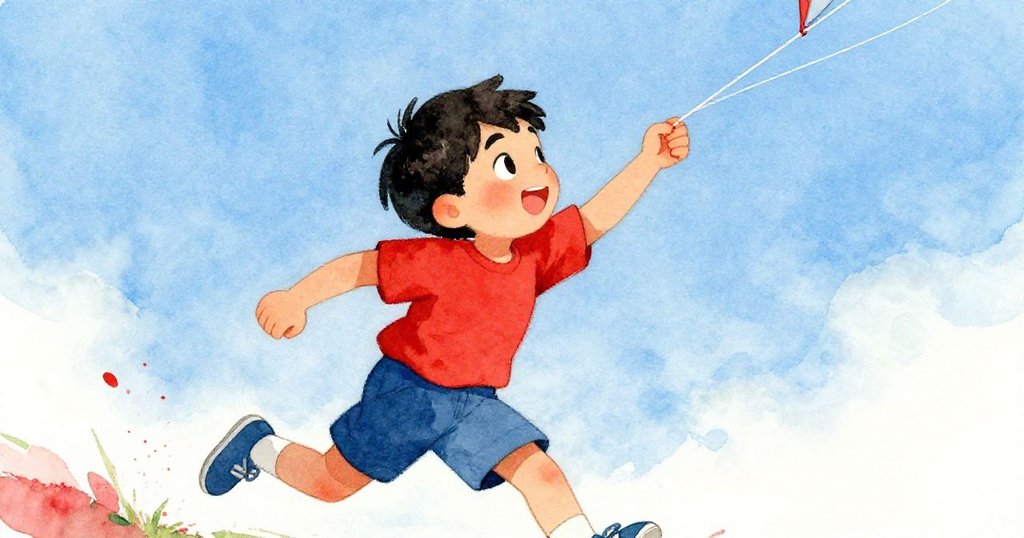 Leo在藍天映襯下快步奔跑伸手調整風箏繩，臉上滿是專注與喜悅，呈現動感與決心。