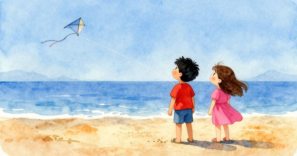 Leo和Mara面對廣闊藍天，風箏穩飛上空，兩人相視微笑，充滿希望與冒險精神，展現夢想與未來。