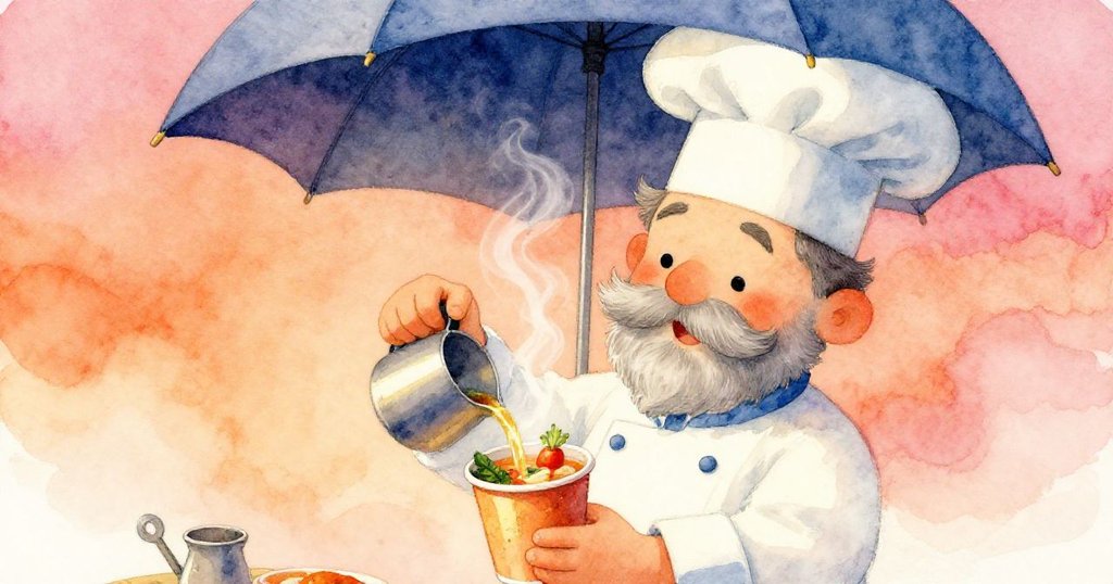 Traveling Chef在藍傘下微笑,用心將冒著熱氣的蔬菜湯倒入紙杯,充滿溫馨細節,展現市場廣場的暖意。