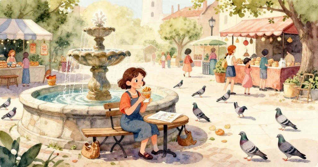 一隻好奇的貓從低角度觀看,牠注視著Callie膝上輕擺的桌巾與驚飛的鴿子,畫面充滿頑皮與活力。