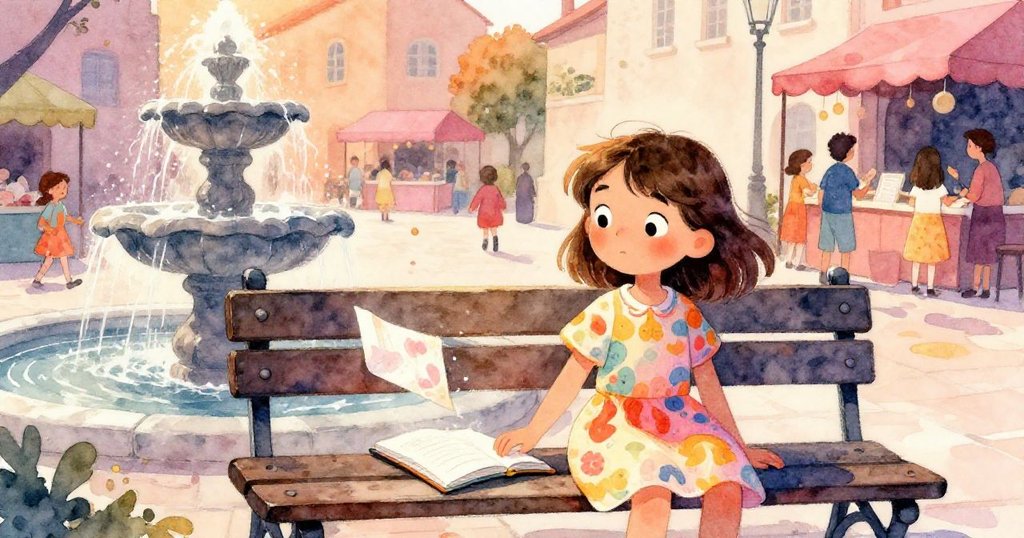 Callie驚訝面對突如其來的微風,噴泉水霧濕透長椅,她的繪畫墊與桌巾在風中輕舞,情緒略顯緊張。