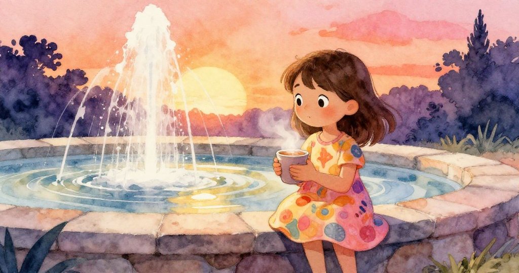 Callie帶著微笑移向石牆旁的乾燥角落,靜靜捧著溫湯,蒸汽輕繞,平息了市場中的喧囂,畫面充滿寧靜溫馨。