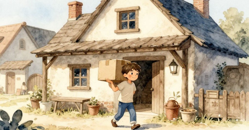 在晨光洗禮的村禮堂前，Sam提著大箱子步入建築，表情堅定充滿期待，展現故事溫暖開始。