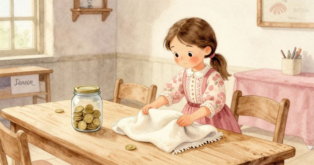 Mia在村禮堂內的木桌上鋪厚布，桌上靜置著盛有硬幣的捐款罐，現場溫暖且充滿期待。