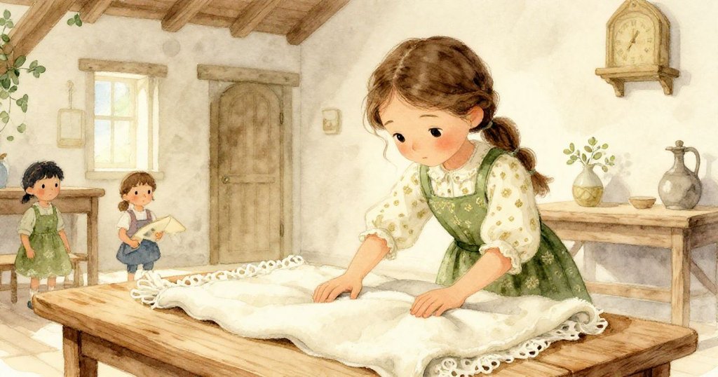 從低角度看，Mia正專注且溫柔地抚平桌上厚布，展現出精心整理與責任感的動作。