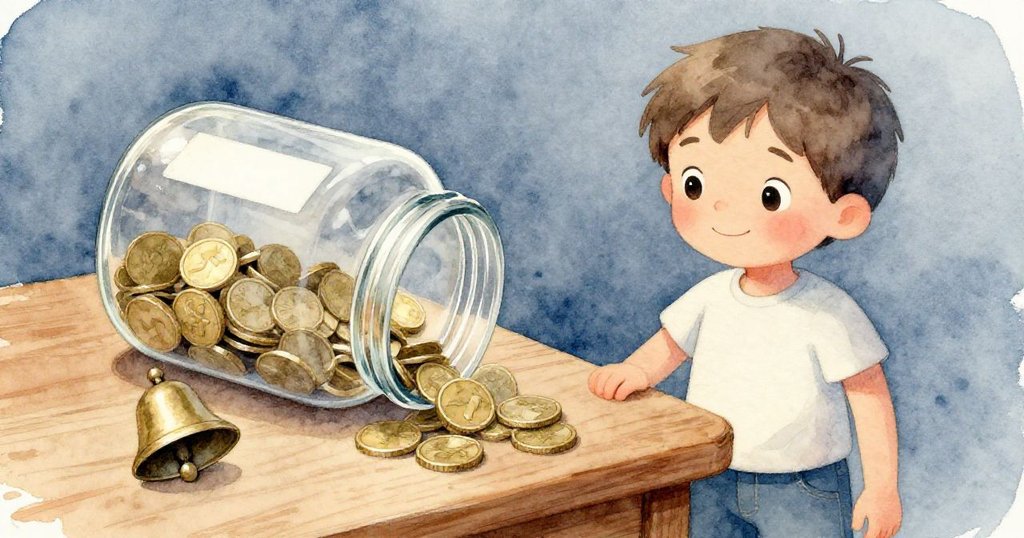 Sam放下捐款罐時，硬幣在罐中搖晃，小鈴鐺滾落，動態畫面充滿驚訝與緊張氣氛。