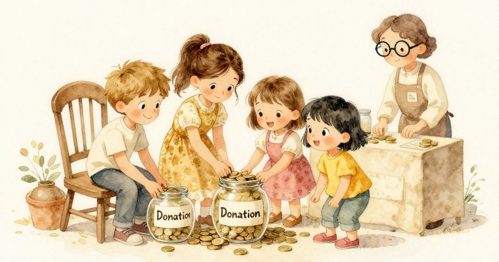 團隊成員齊聚一堂，笑著拾取散落硬幣並重新安置捐款罐，小鈴鐺悄藏椅下，溫馨結局展現合作與喜悅。