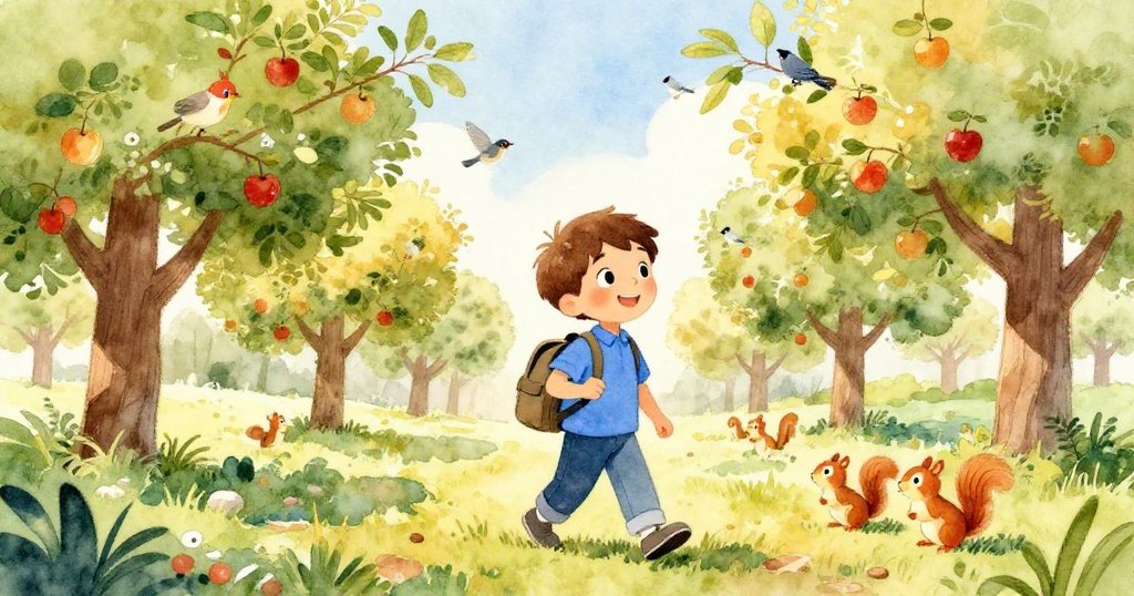 米洛手持筆記本在寧靜果園中行走，周圍有小鳥與松鼠嬉戲，晨光灑落，充滿好奇與愉快的冒險開始