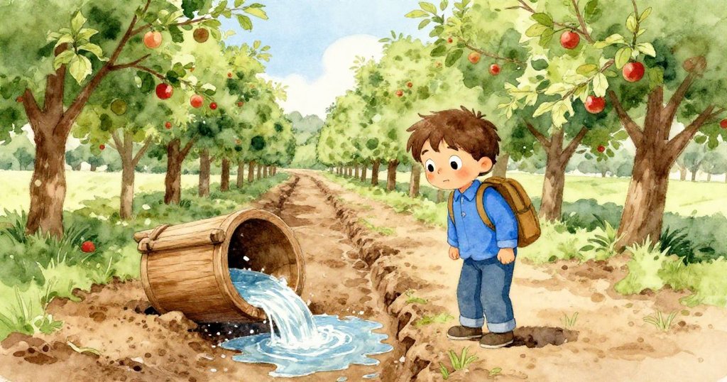 米洛在蘋果樹後的溪流邊發現翻倒的木槽與湍急水流，水花四濺展現大自然水循環的奇妙，場景寧靜美麗