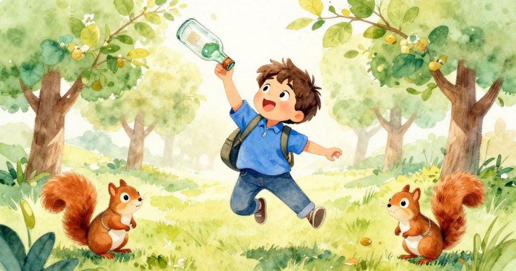 米洛跳躍接住滾動的玻璃瓶，旁邊的小松鼠好奇注視，展現果園中動感與驚喜的成功時刻
