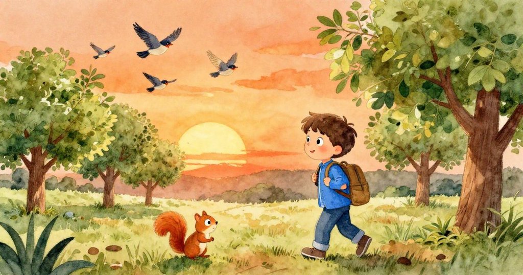 米洛閉著筆記本快樂地穿越果園回家，鳥兒與松鼠迎接他的歸來，夕陽映照下呈現成功與溫馨的團聚